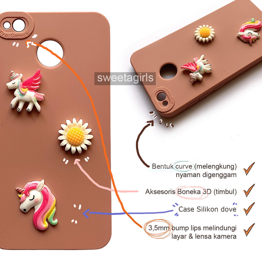 Softcase dengan boneka Timbul 3D untuk Xiaomi Redmi 4x - Sweetacase.id - Casing Lucu - Kesing Cewek - Casing Lembut - Aksesoris Boneka Timbul - Case Bening - Lucu - Gemoy