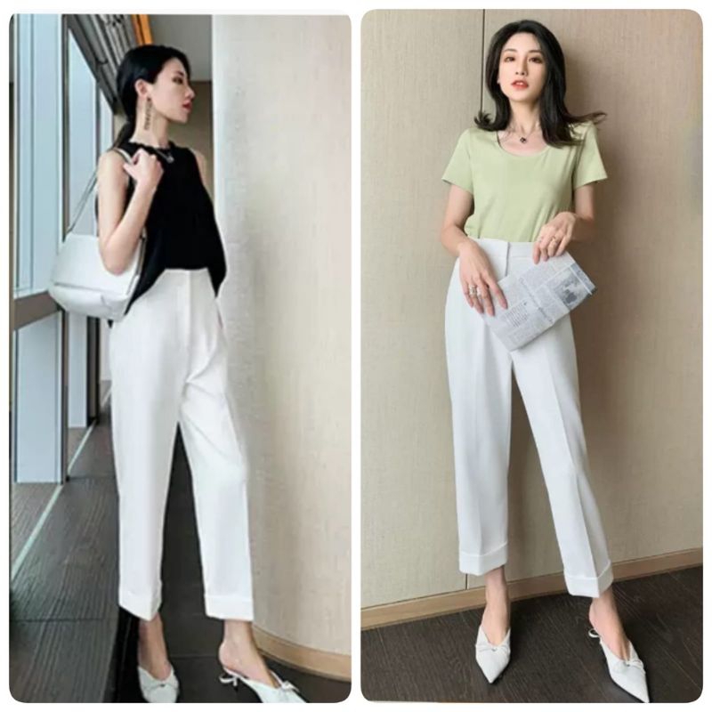 9960 Celana panjang CUFF STRAIGHT PANTS kerja kantor bahan hitam putih polos Korea Korean style wani