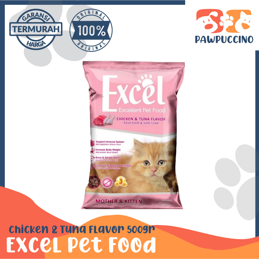 Makanan/Pakan kucing kering (Dry food) EXCEL excellent Mother&amp;Kitten rasa ayam&amp;ikan tuna freshpack 500gram