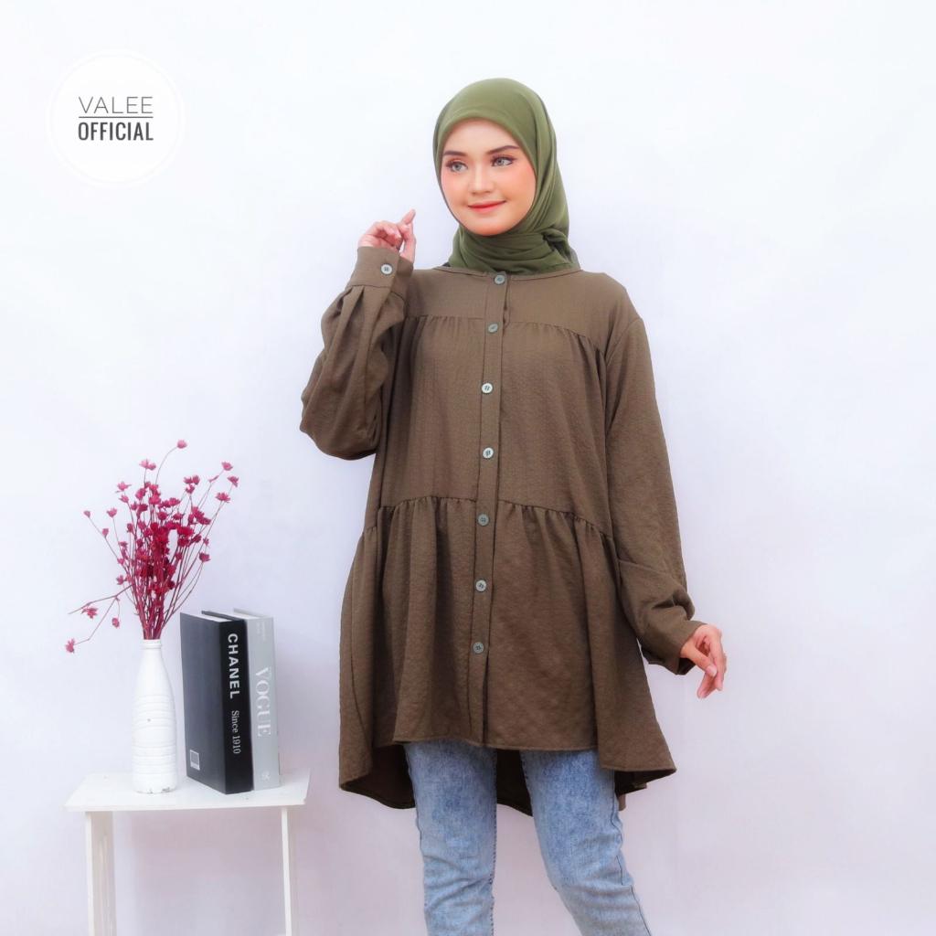 ￼TUNIK ELEEYA | Atasan Wanita/Tunik Bahan Cey Crinkle Adem Dan Halus Full Kancing/Blouse Busui