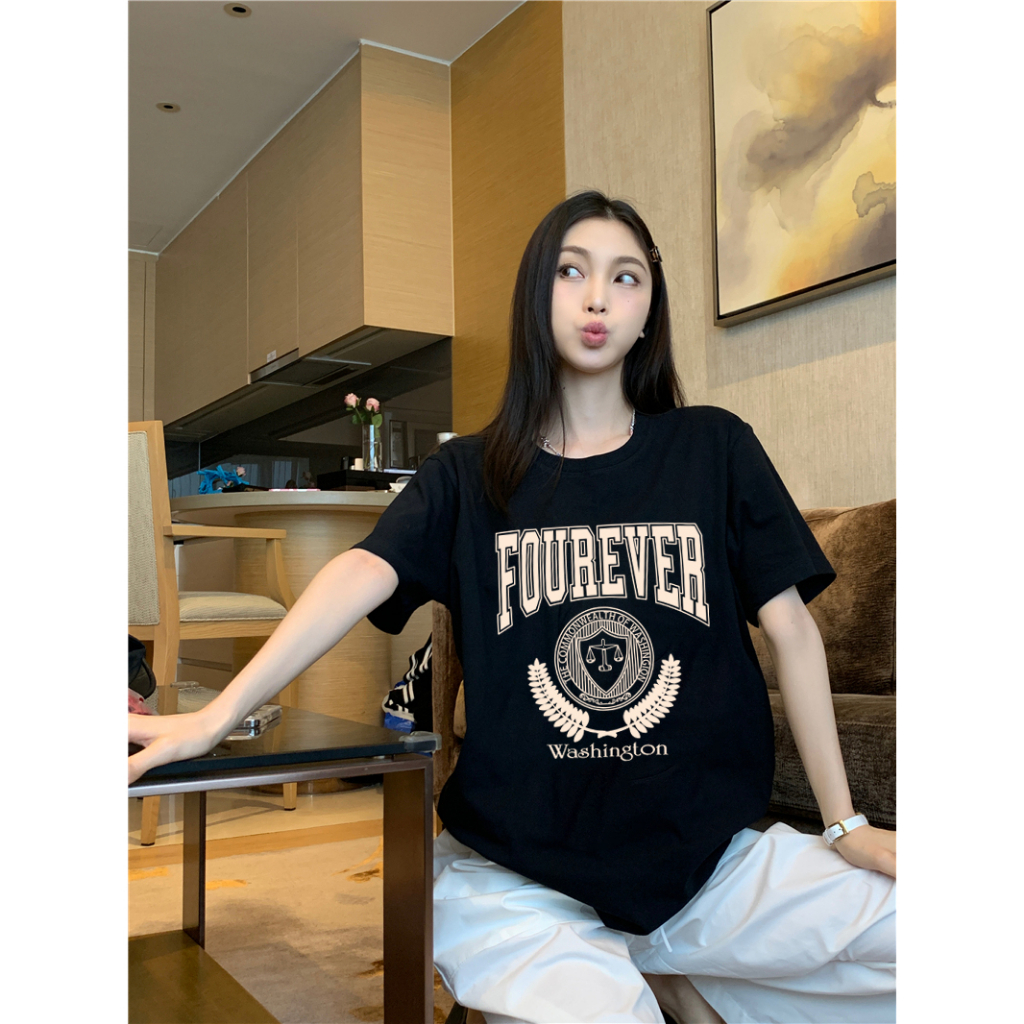 EUNII T-shirt Lengan Pendek Retro Wings Korean Style/Kaos Atasan Wanita/Baju Kaus Oversize Wanita/Kaos Wanita