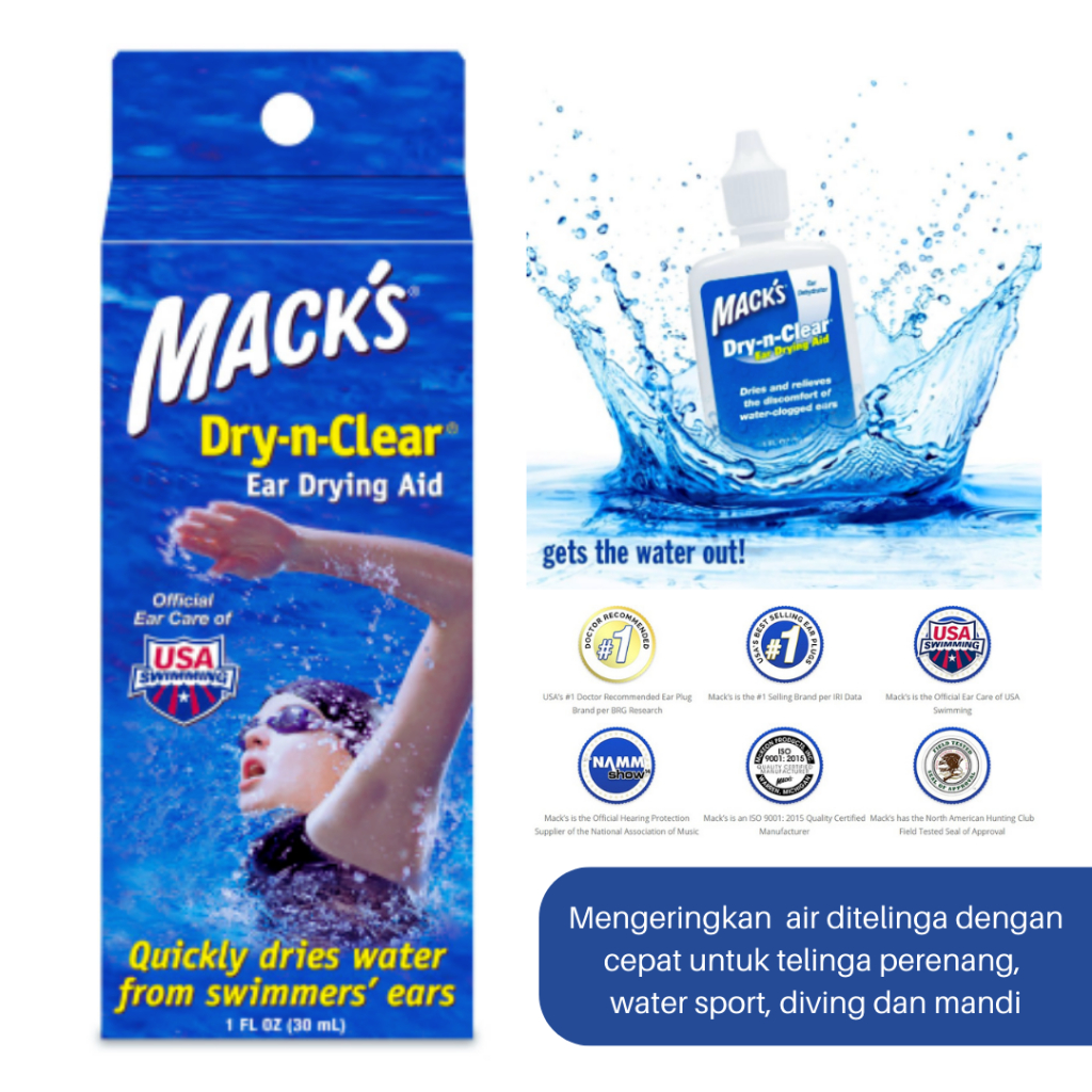 Macks Dry n Clear keringkan air ditelinga dengan cepat untuk telinga perenang watersport diving mandi made in USA