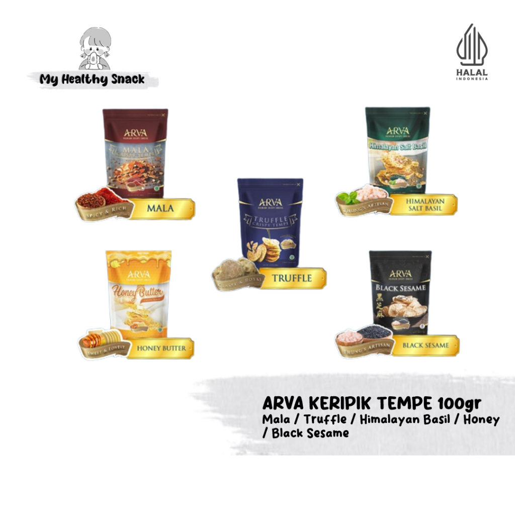 

ARVA Keripik Tempe Premium - Crispy Tempe - Truffle / Himalayan Salt / Honey / Mala / Black Sesame Snack Diet Cemilan Sehat