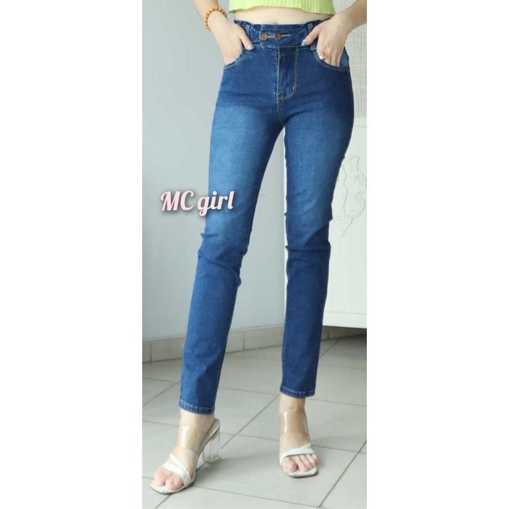 ( Size 27 - 30 ) MC girl - Celana Jeans High Waist Pinggang Karet Kancing 2 Warna Biru Tua Cewek / Celana Lepis Highwaist / HW