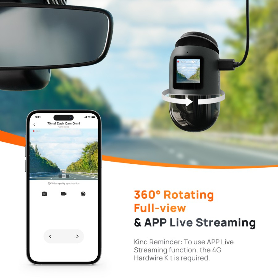 70mai Dash Cam Omni X200 360° Full View 4G Connect HD 1080P FOV 140°