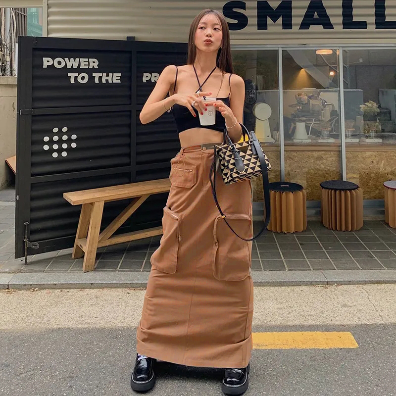 4empat-Rok Midi Kargo Ritsleting Rok panjang wanita streetwear