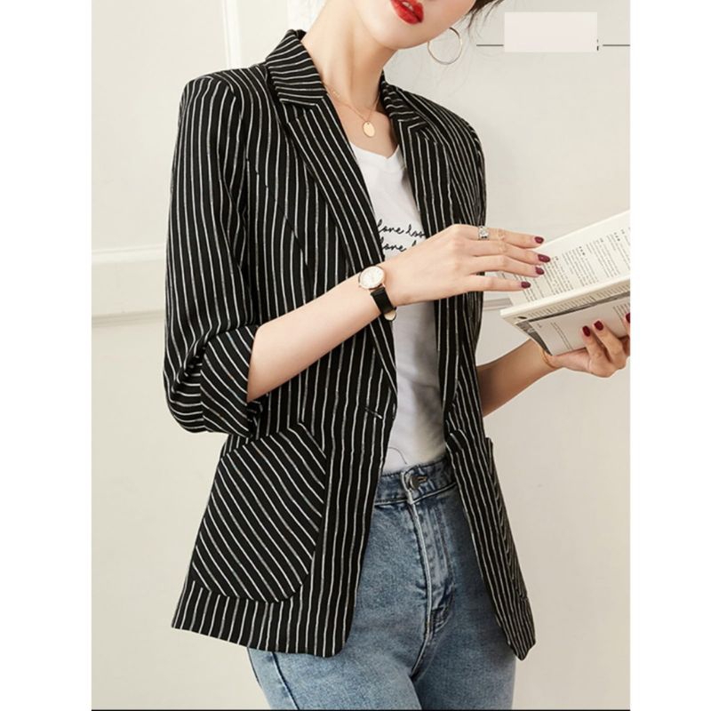 37700 Baju outer STRIPED BLAZER garis salur hitam putih biru Korea Korean style wanita premium impor