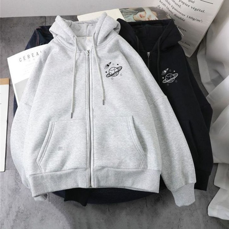 Parisdivarious Zipper Sweater Hoodie Jemper Planet Baru Bahan Fleece Size S - XXL (Pria &amp; Wanita)