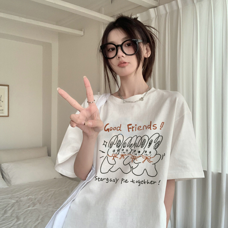 Print T-shirt Kaos Lengan Pendek Cartoon Happy Good Friend Baju Wanita Oversize Korean Style