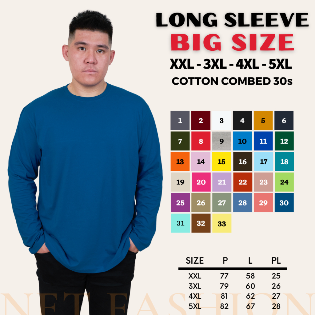 KAOS POLOS BIG SIZE UNISEX LENGAN PANJANG COTTON COMBED 30S UKURAN JUMBO BESAR 2XL 3XL 4XL 5XL