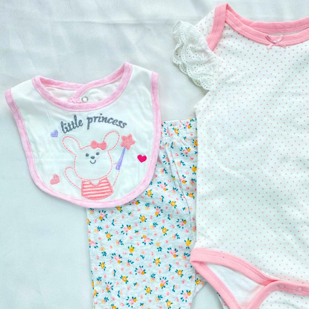 Baju bayi sleepwear piyama kupluk homewear jumpsuit set 3in1 0-9 bulan bungkus kaki celemek import