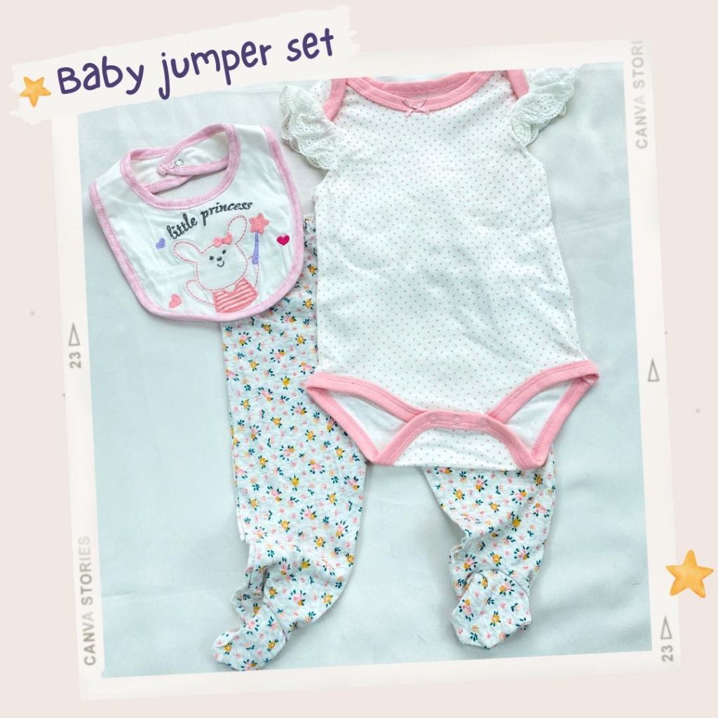 Baju bayi sleepwear piyama kupluk homewear jumpsuit set 3in1 0-9 bulan bungkus kaki celemek import