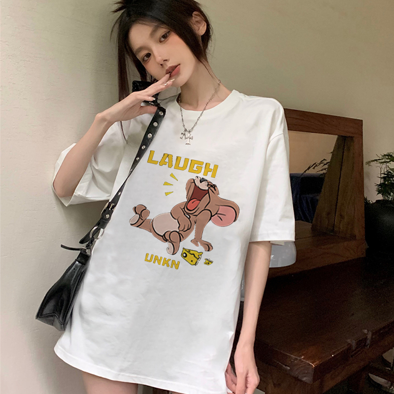 Print T-shirt Kaos Lengan Pendek Cartoon Cheese Jerry Baju Wanita Oversize Korean Style