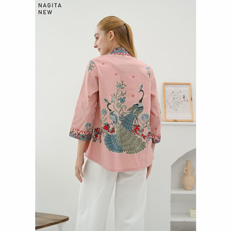 Evercloth Nagita Blazer Batik Wanita Outer Batik Rompi Wanita Jaket Luaran Family Batik Couple Atasan Blouse Batik Bomber Couple Seragam Couple Batik Modern Burung Hong White