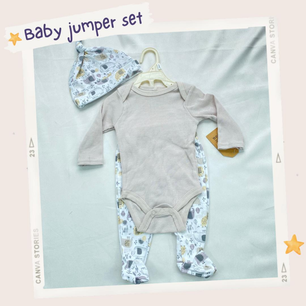 JUMPER SET 3in1 0-9 bulan import / baju bayi sleepwear piyama kupluk homewear jumpsuit bungkus kaki ala korea lucu