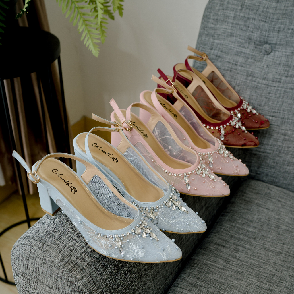 Deu_Calantha Sepatu Pesta Wanita Wedding Shoes Berpayet Ankle Strap Vanesa Heels 7 cm Insole Empuk