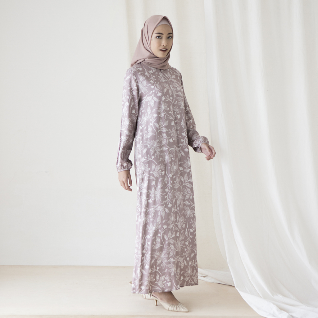 Puspa Dress by Aska Label - Gamis motif putih, hijau, lilac, pink home dress lengan panjang bahan rayon premium busui friendly