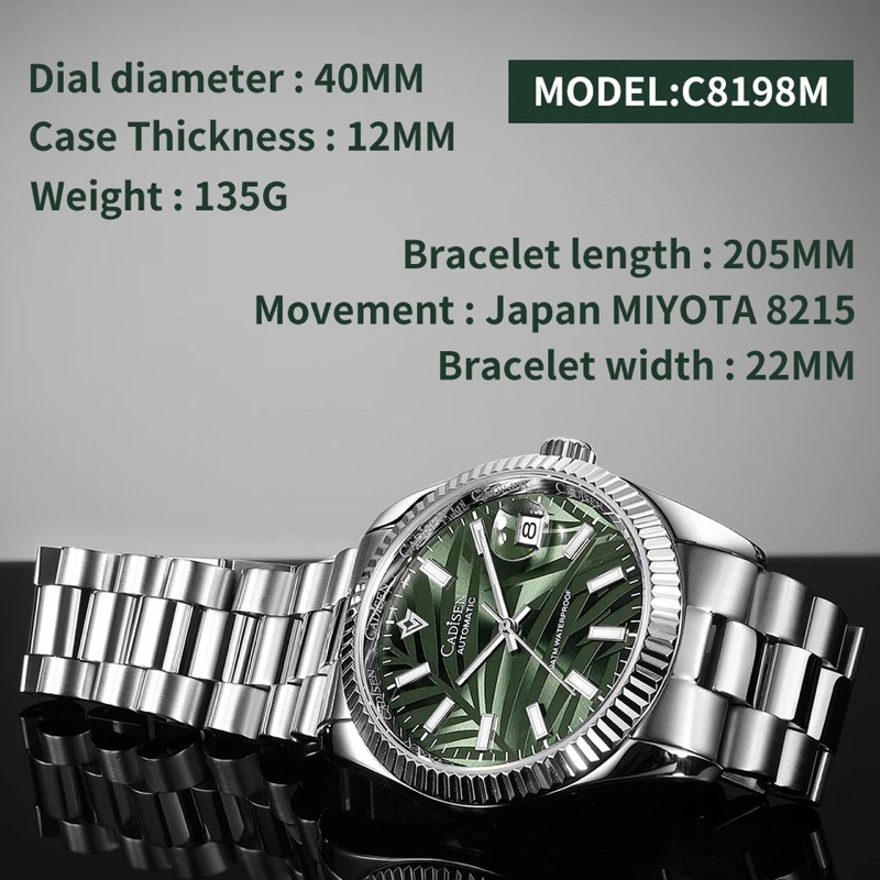 Cadisen Datejust Olive Green Palm Dial Jam Tangan Automatic Homage