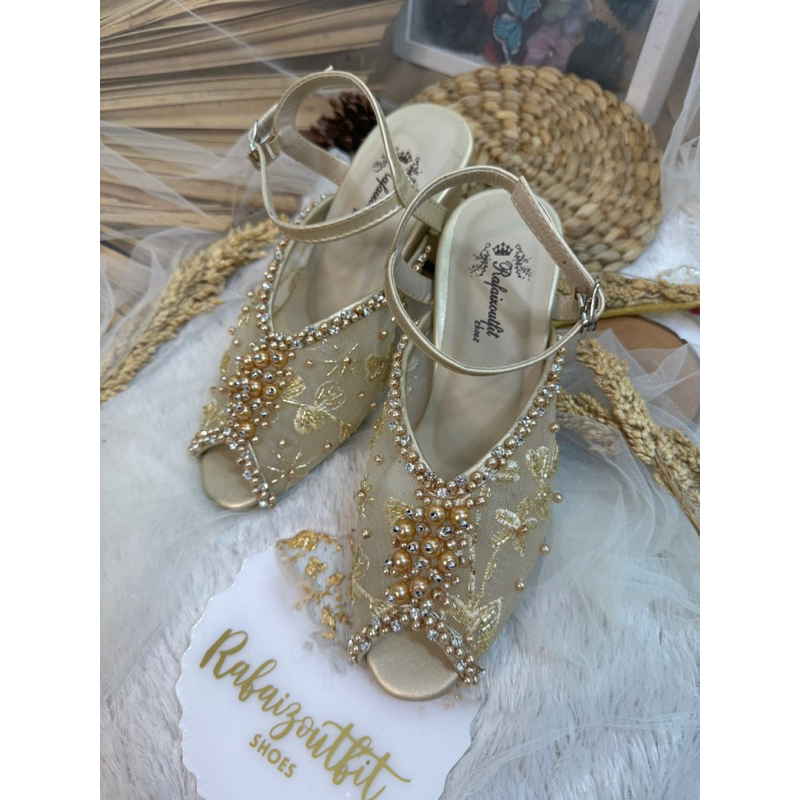 sepatu wedding hanna gold tali 7cm chunky