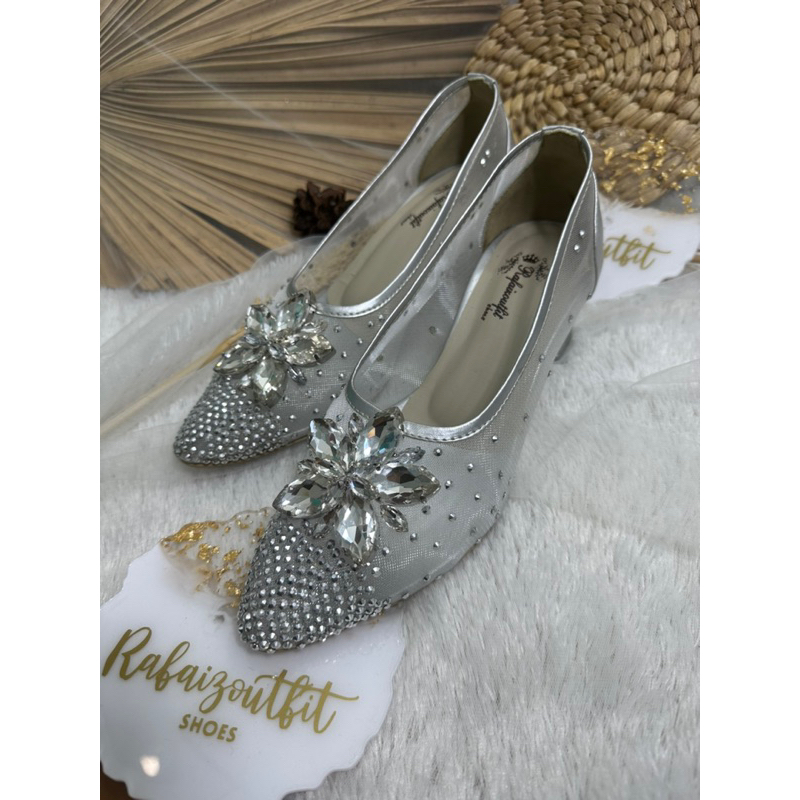 sepatu pesta wedding silver 5cm kaca