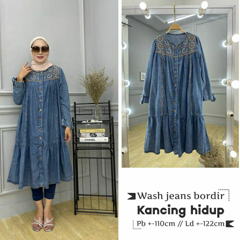 Etnic Jeans Tunik, TUNIK JEANS JUMBO CANTIK MODIS FIT XXXL LD 126 BAHAN JEANS WASH IMPORT MIX BORDIR TERMURAH TERLARIS OOTD KEKINIAN