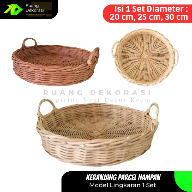 Keranjang Rotan Bulat 1 Set isi 3 Keranjang Parcel Keranjang Souvenir Hampers Keranjang Rotan Nampan