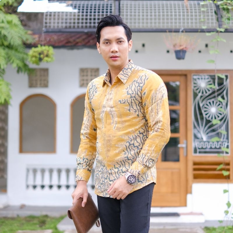 Kemeja Batik Pria Bahan Dobby Warna Kuning Eksklusif Kertojoyo New Terbaru Slimfit