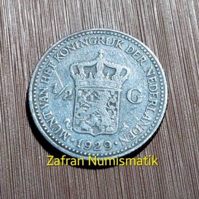 ZN1513. Uang Koin Kuno SILVER 1/2 Gulden Nederlanden Wilhelmina Tahun 1929 PERAK