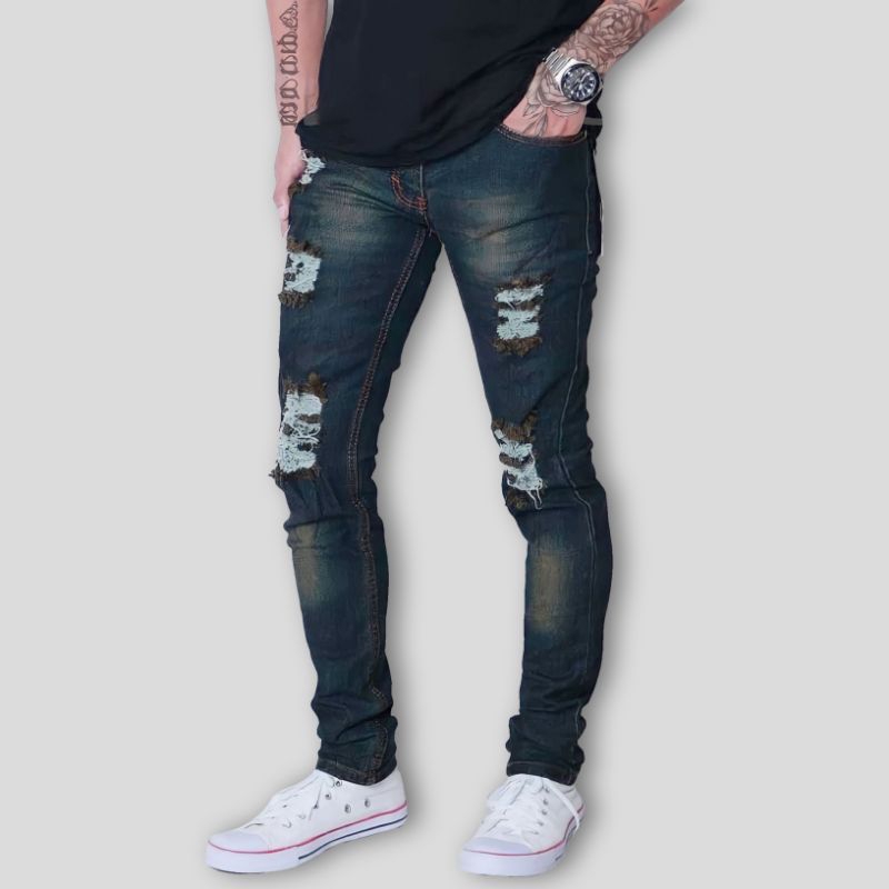 Mavia Pants - Celana Panjang Jeans Pria Sobek Lutut Tembus Ripped Slimfit Bikers Pensil Denim Bio Ting