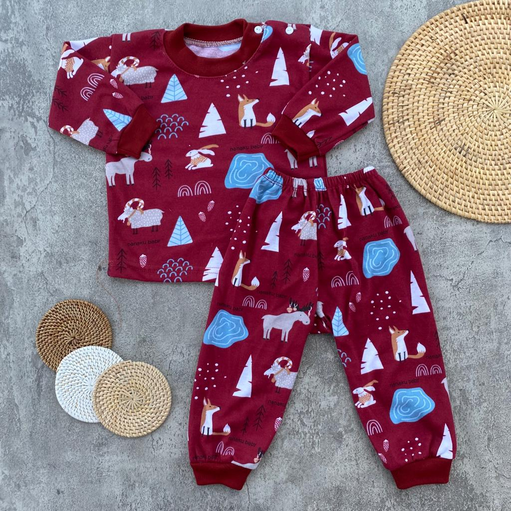 Setelan Baju Bayi Piyama Bayi Lengan Panjang Kancing Pundak Motif Rubah Usia 3-12 Bulan Almeera Baby and Kids