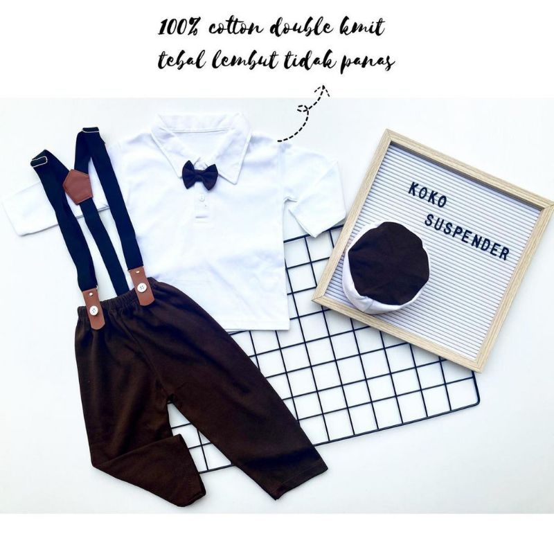 [6-18M] 5in1 Baju setelan koko celana dasi pergi jalan lucu bestseller fashion anak bayi cowok murah / setelan koko tuxedo 5in1 set koko baby boy lucu / hampers baby cowok murah / setelan koko bayi suspender peci dasi celana