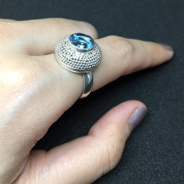 Cincin Perak Bakar Wanita 925 Asli Blue Topaz Bundar