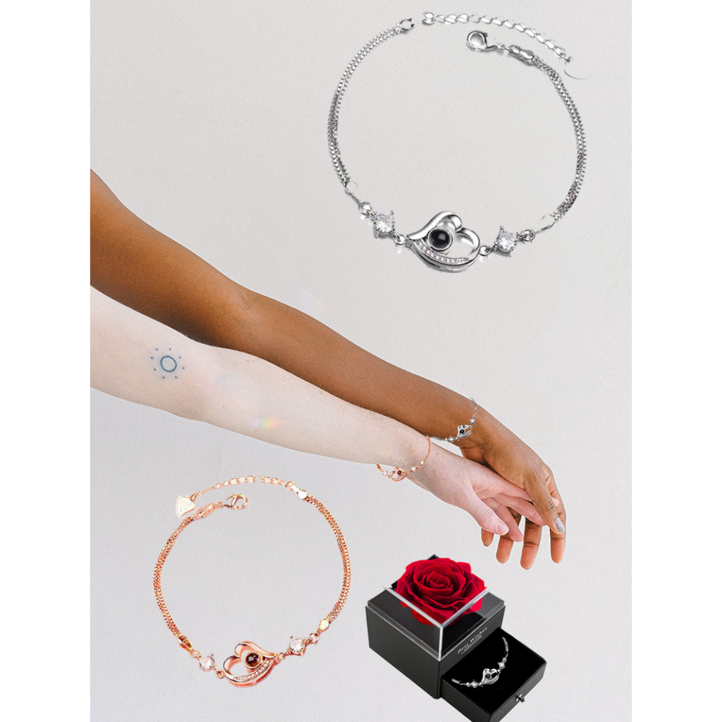 Topspot Wanita Gelang atau Proyeksi Hati, Gelang atau Cinta 925 Sterling Silver Memory of Love - 100 Bahasa yang Berbeda untuk I Love You Hadiah Paket Set Diawetkan Mawar Preserved Rose