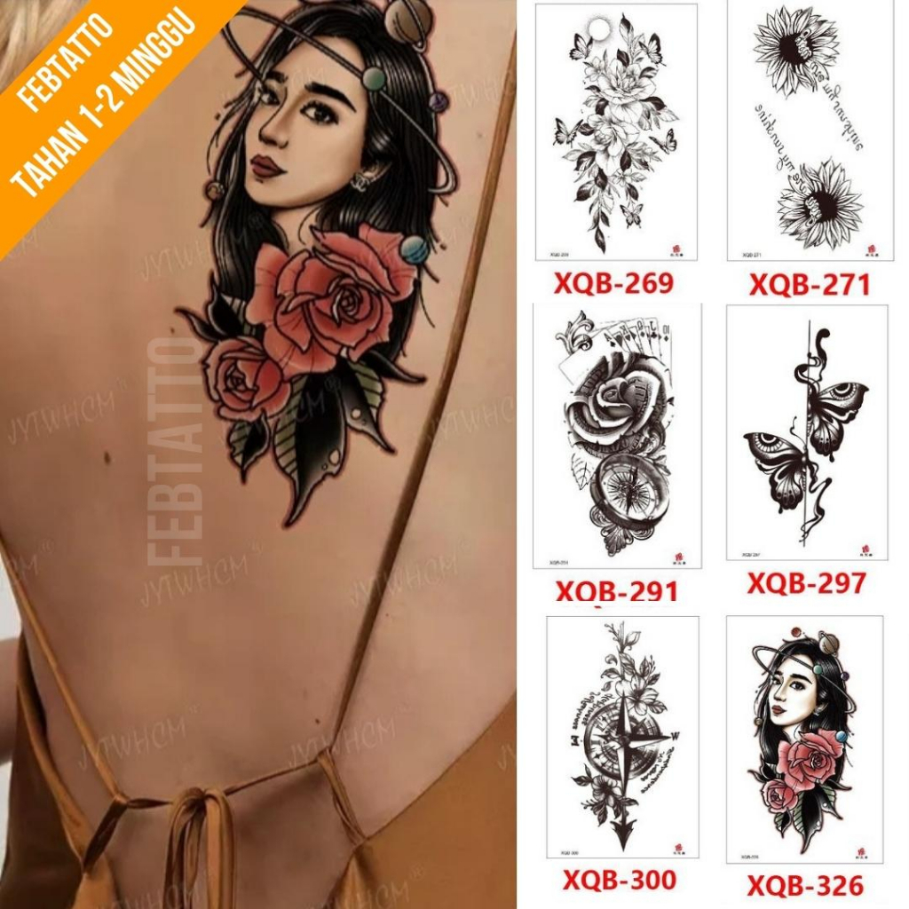 Tato Temporer Ukuran 21cmx11cm Tato Lengan Tato Dada Tato tangan Tato Kaki Tato Punggung Tato Jari  Motif Aesthetic Tatto Temporary Stiker Tato Halal Grosir Tato air motif bunga, kompas, kupu kupu, perempuan XQB 326