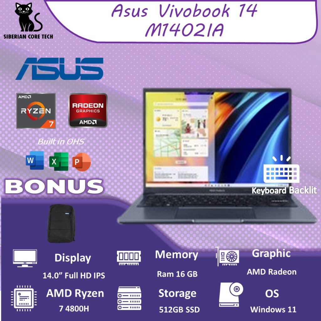 ASUS VIVOBOOK 14 M1402IA VIPS751 RYZEN 7 4800H 16GB 512GBSSD VEGA W11+OHS 14.0FHD VIPS BLIT