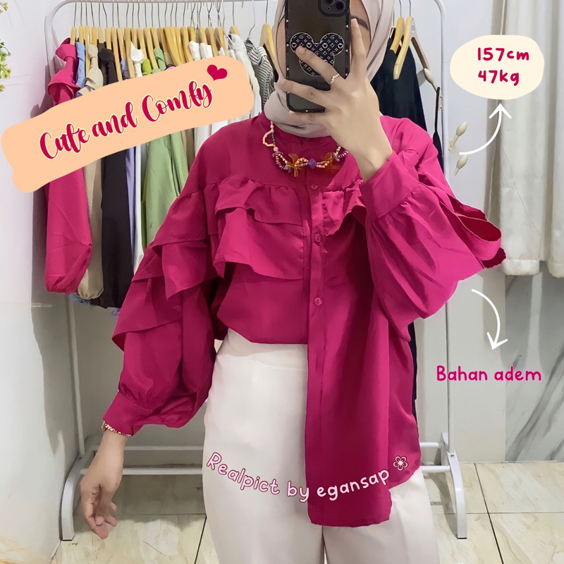 Yumna | Blouse Rimpel Rufle Korean Style  Baju Atasan Wanita Kekinian Fashion Muslim  Fuschia Kondangan Dinner Party Natal