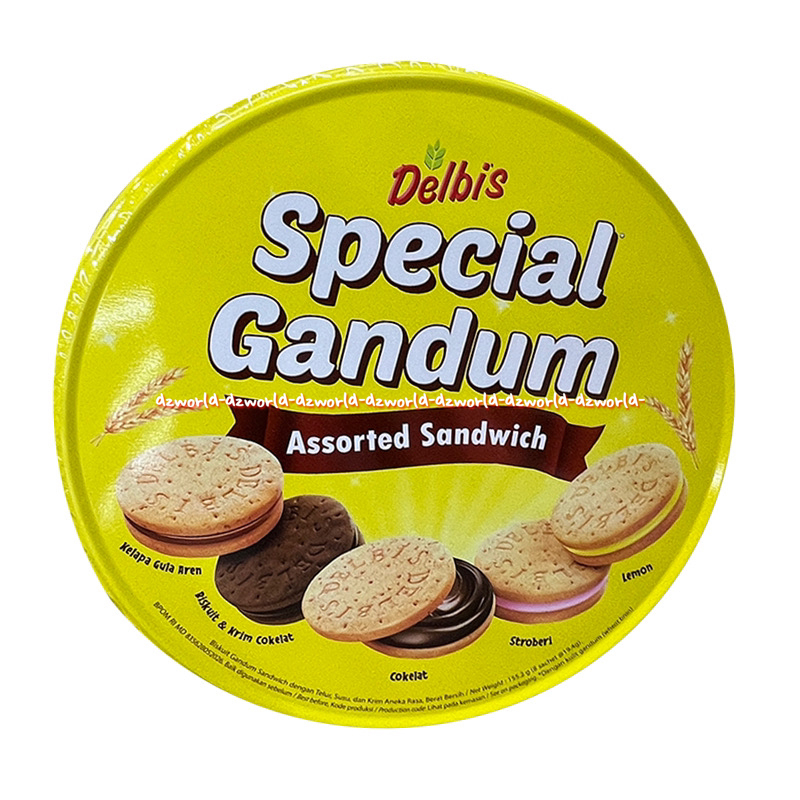 Delbis 155gr Special Gandum Assorted Sandwich Kemasan Kaleng Biskuit Gandum Renyah Biscuit Kelapa Aren Krim Cokelat Stroberi