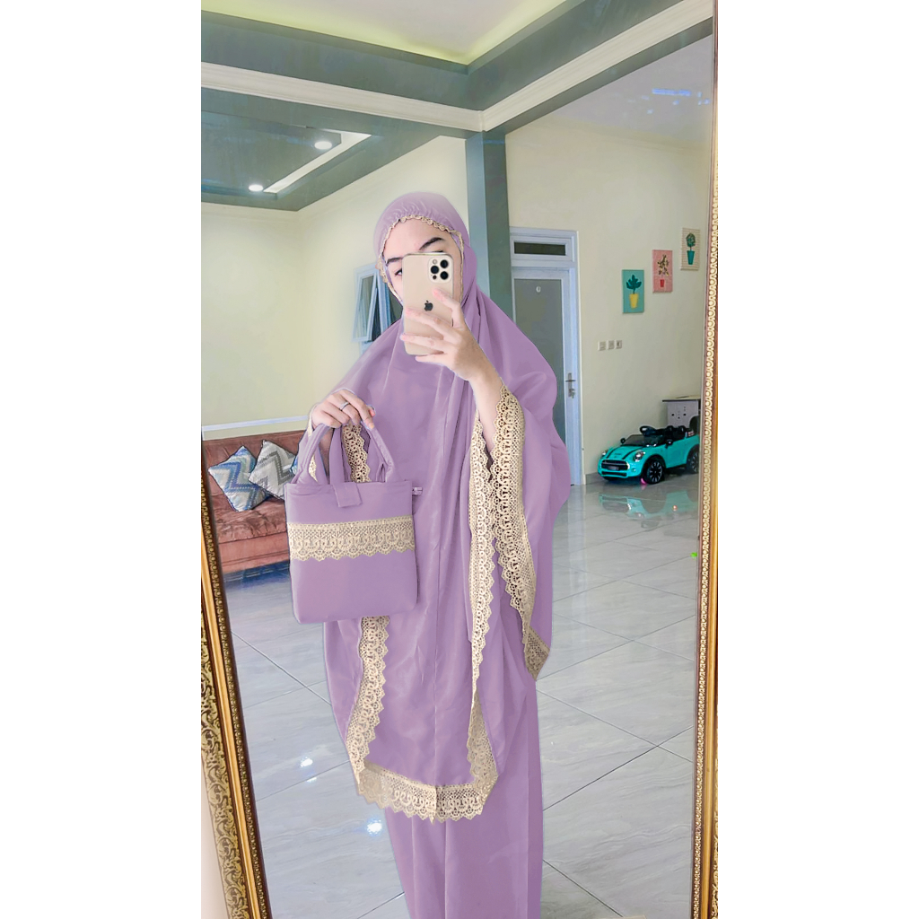 Mukena Dewasa 2in1 AISYA RETSLETING Renda cantik lebar 7 cm bahan katun mikro ukuran Jumbo FREE tas Cantik mukenah grosir