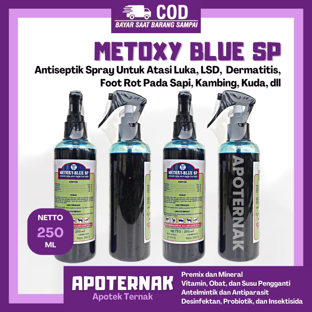 METOXY BLUE SP 250 ml | Antiseptik Spray Obat Luka Kulit LSD Dermatitis Foot Rot dll | Obat Luka Semprot Hewan | Obat Luka Kulit