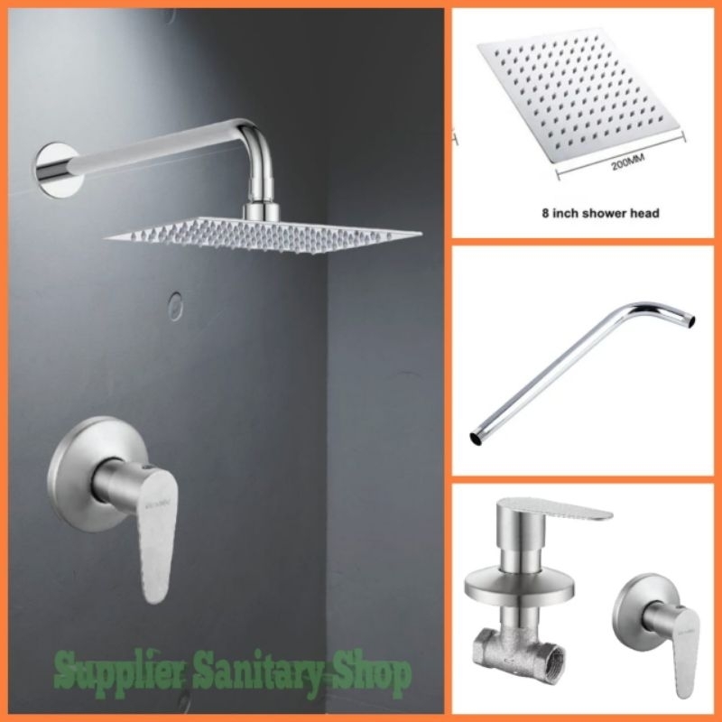 SHOWER TANAM STENLIES SUS 304 PAKET STOP KRAN DINGIN/WALL SHOWER/HEAD SHOWER/STOP KRAN TANAM STENLIES