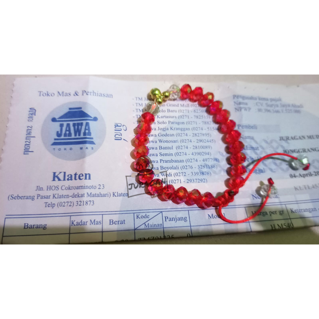 Gelang Tali Crystal Ceko 2 Liontin Emas Asli kadar 10 karat 10k