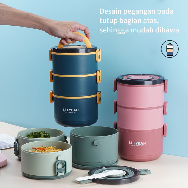 Letyeah &amp; Kaizenliving Bulat Kotak Makan 3 Tingkat Tahan Panas untuk Bekal Kerja Lunch Box