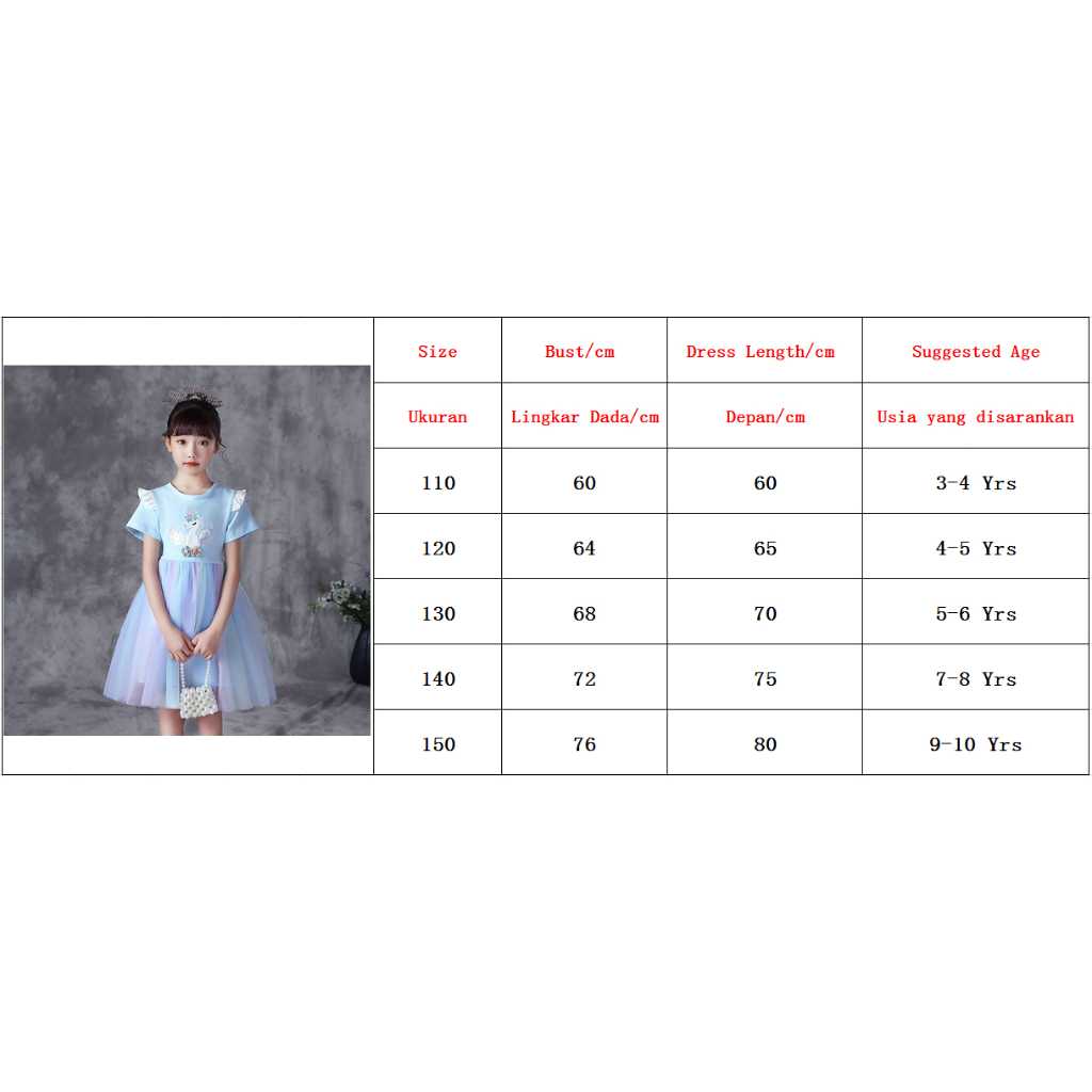 3-10 thn Gadis Unicorn Gaun Kasual Musim Panas Gaun Rainbow Mesh Cute Girl Dress Hadiah Ulang Tahun