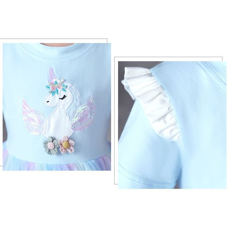 3-10 thn Gadis Unicorn Gaun Kasual Musim Panas Gaun Rainbow Mesh Cute Girl Dress Hadiah Ulang Tahun