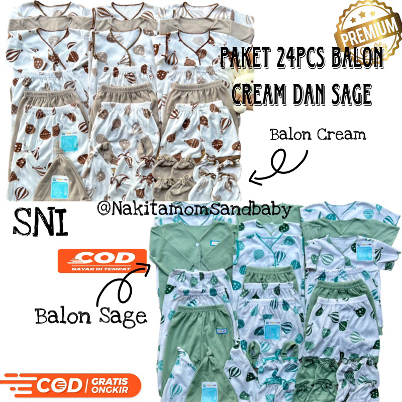 24pcs Paket Komplit Perlengkapan Baju Bayi celana bayi topi sarung tangan kado Baru Lahir, 3-6 dan 6-12 bulan SNI Motif Balon Hijau Sage  Promo 9.9