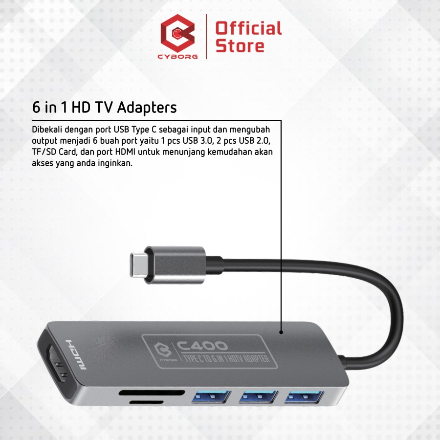 Converter 6in1 Cyborg C400 Type-c to HDMI + Card Reader &amp; USB 3.0