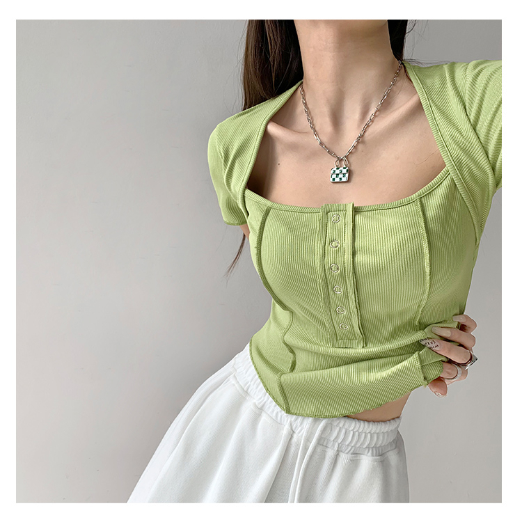 【MISSHONEY】 Stretchy  With Buttons  Short Sleeve Blouse Top 7010