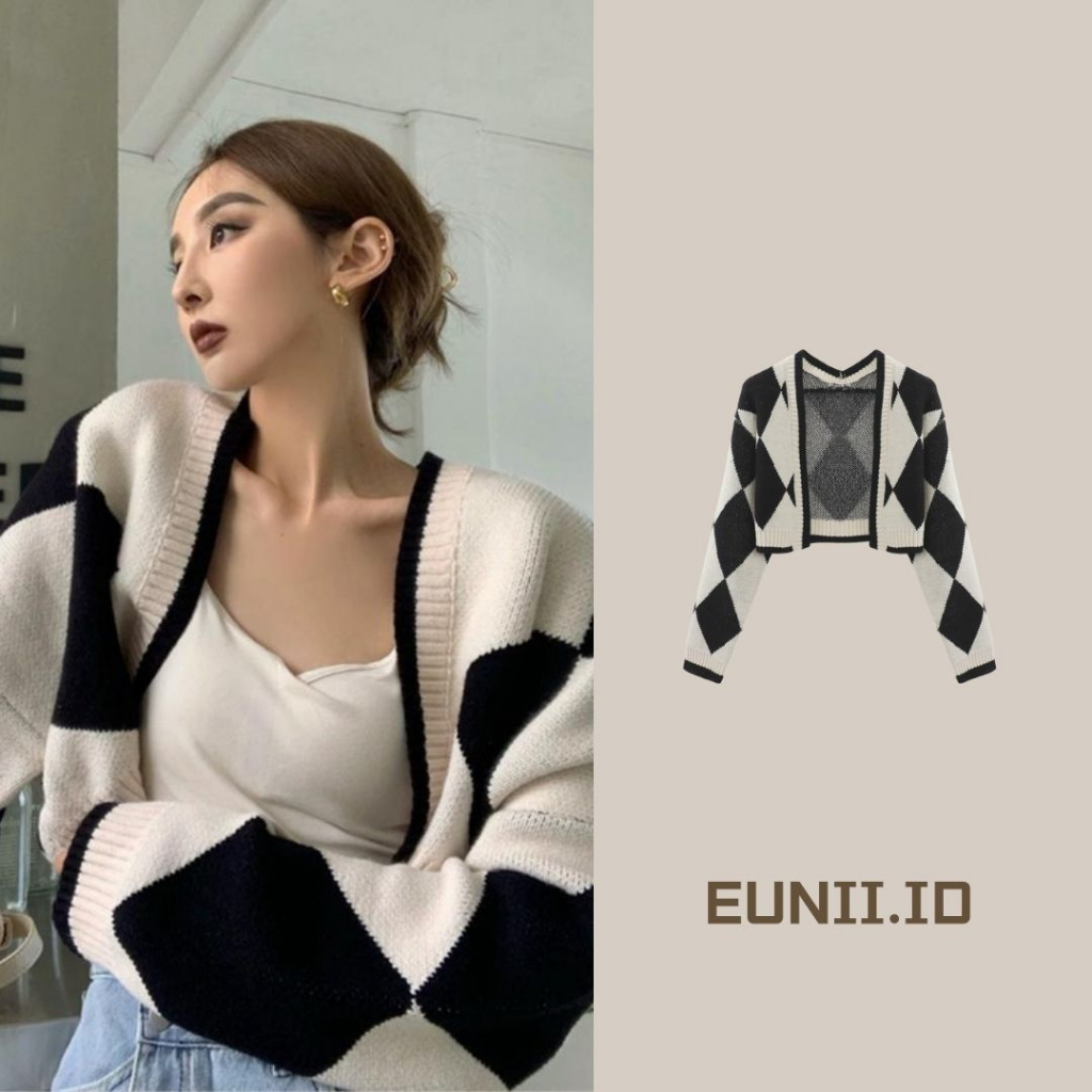 EUNII Korean style Knit Cardigan Lengan Panjang Kotak-Kotak Loose Knitwear atasan Wanita