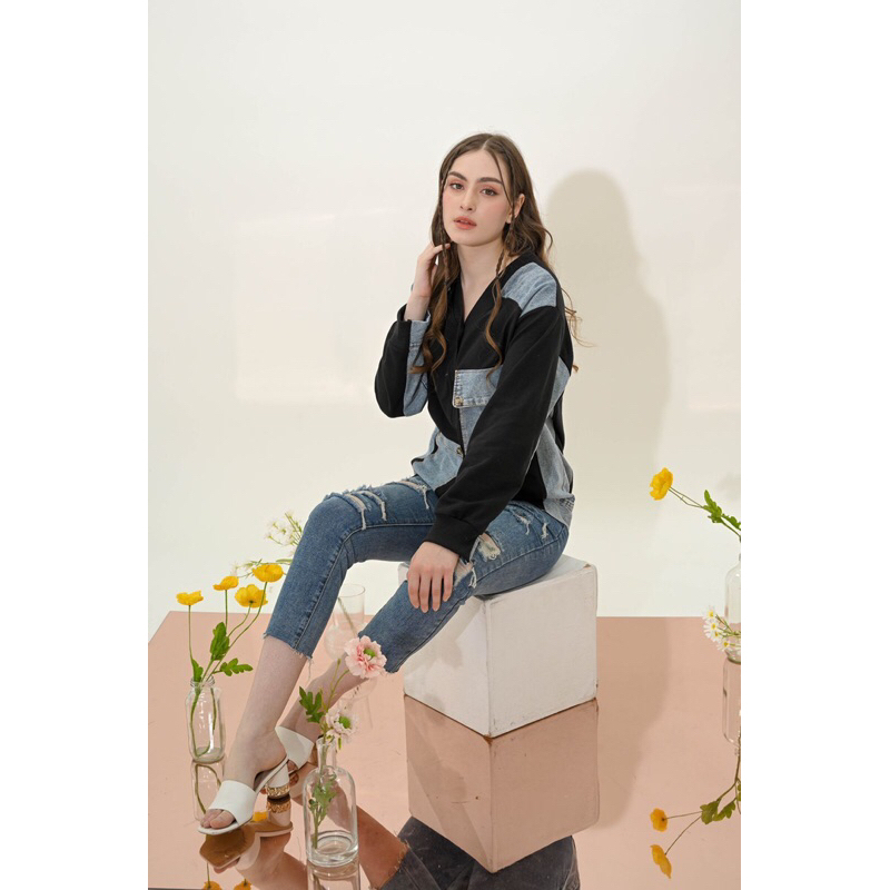 KARDIGAN JEANS WANITA KANTONG TANGAN PANJANG HITAM BABYTERRY