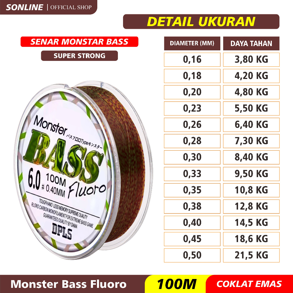 NEW GENERASI 2- SONLINE Tali Pancing  Bass FLUOROCARBON 100M Warna  Coklat Emas Senar Pancing Fishing Line Strength 4.20kg-16.5kg Sangat kuat